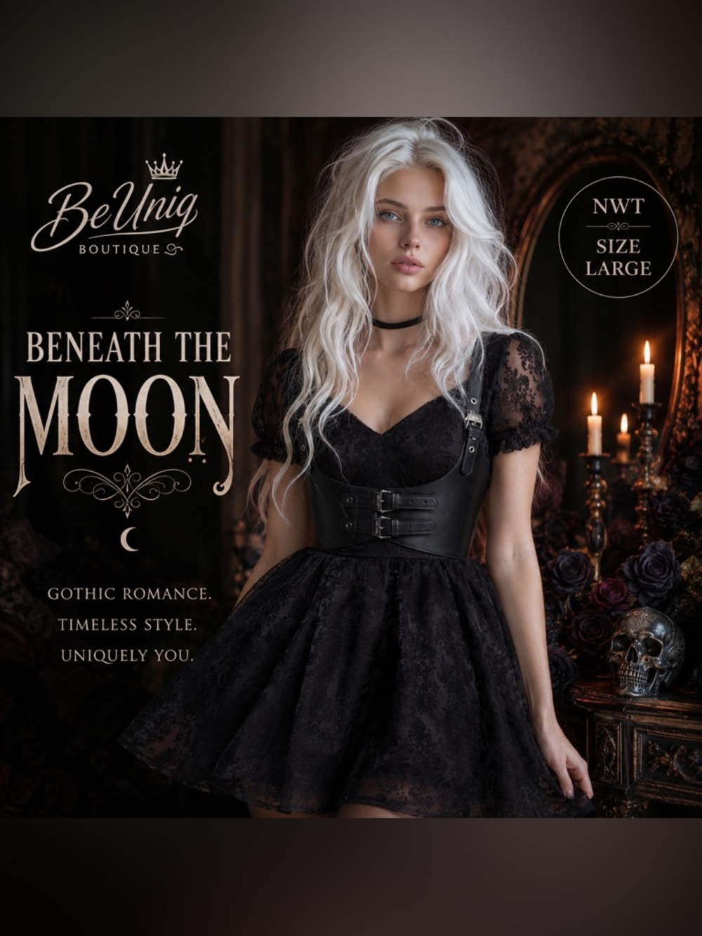 🖤 NWT Killstar Beneath The Moon Damask Mini Dress Black Gothic Romantic Size Lg